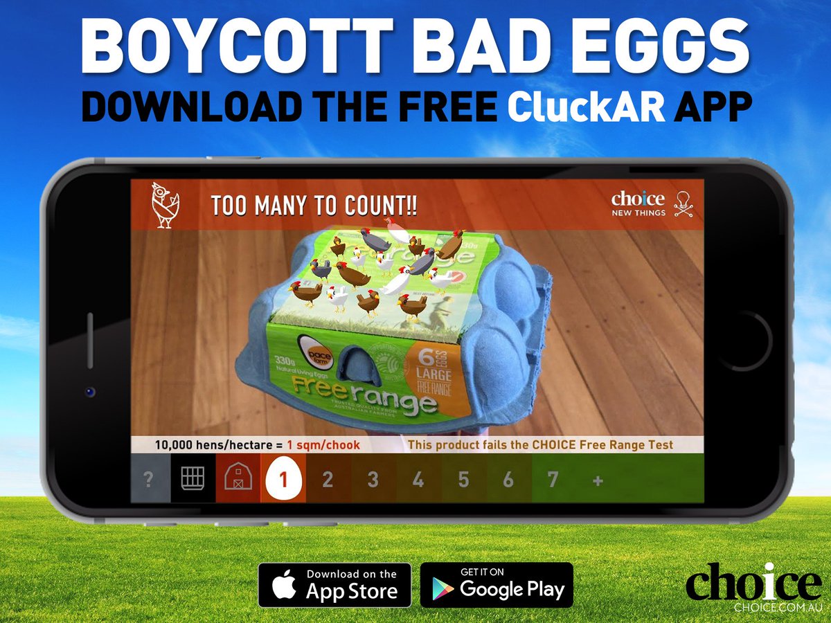 choiceaustralia's tweet photo. CHOICE has launched a FREE app to help shoppers avoid dodgy free-range eggs: https://t.co/HxT0QjEspO #CluckAR https://t.co/T0R6RKl2QX