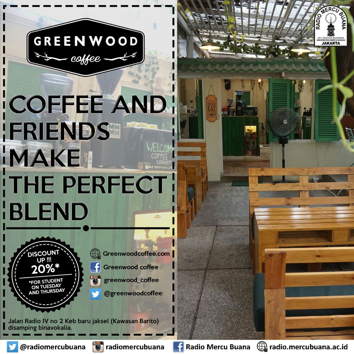 Pas banget nih hari kamis yg mau kongkow ada tempat baru <a href="/greenwoodcoffee/">Greenwood Coffee</a> diskon 20% loh buat pelajar~