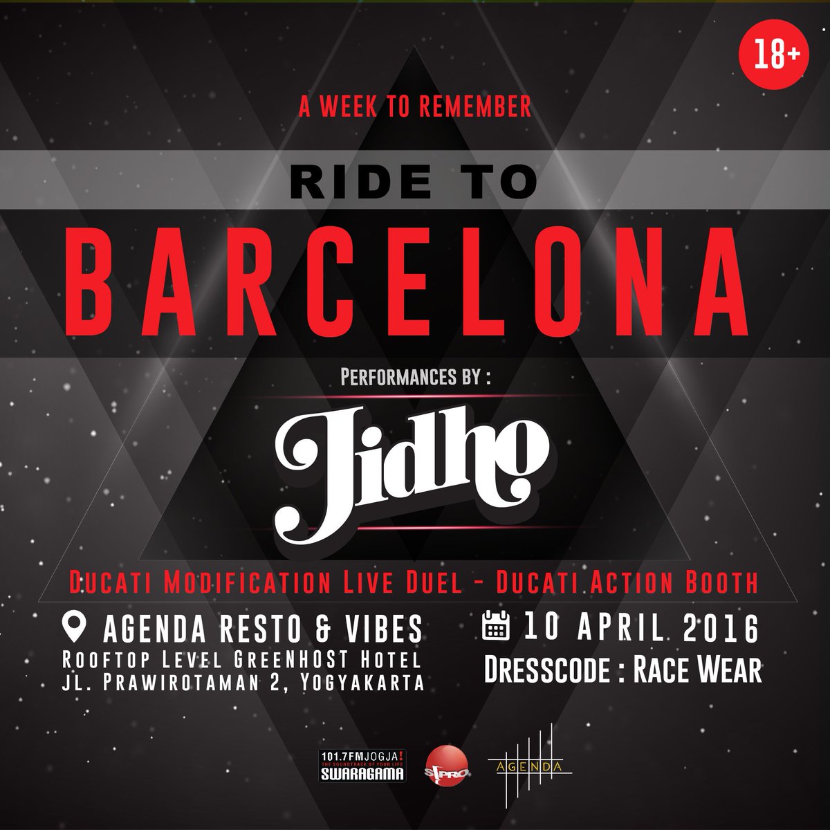 swaragamafm's tweet photo. A week to remember #RidetoBarcelona W/ DJ @jidho | Sunday, 10 April 2016 at @Agenda_id | Dress code : race wear https://t.co/msfmuSHd1Y