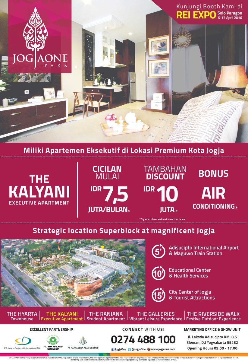 JogjaOne's tweet photo. Miliki apartemen eksekutif #Jogja, kunjungi booth kami di #REIEXPO SoloParagonMall 6-17 April 2016. call 0274 488100 https://t.co/5ohiwrtrq3