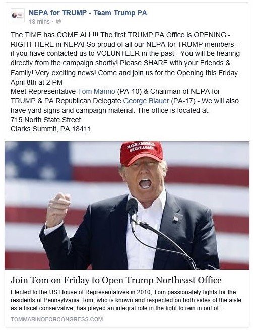 nepafortrump's tweet photo. 1st @realDonaldTrump PA OFFICE OPENS FRIDAY! Meet @RepTomMarino &amp; @George_Blauer #PADelegate https://t.co/x9TpndpKj2 https://t.co/Iq8Amjrn1y