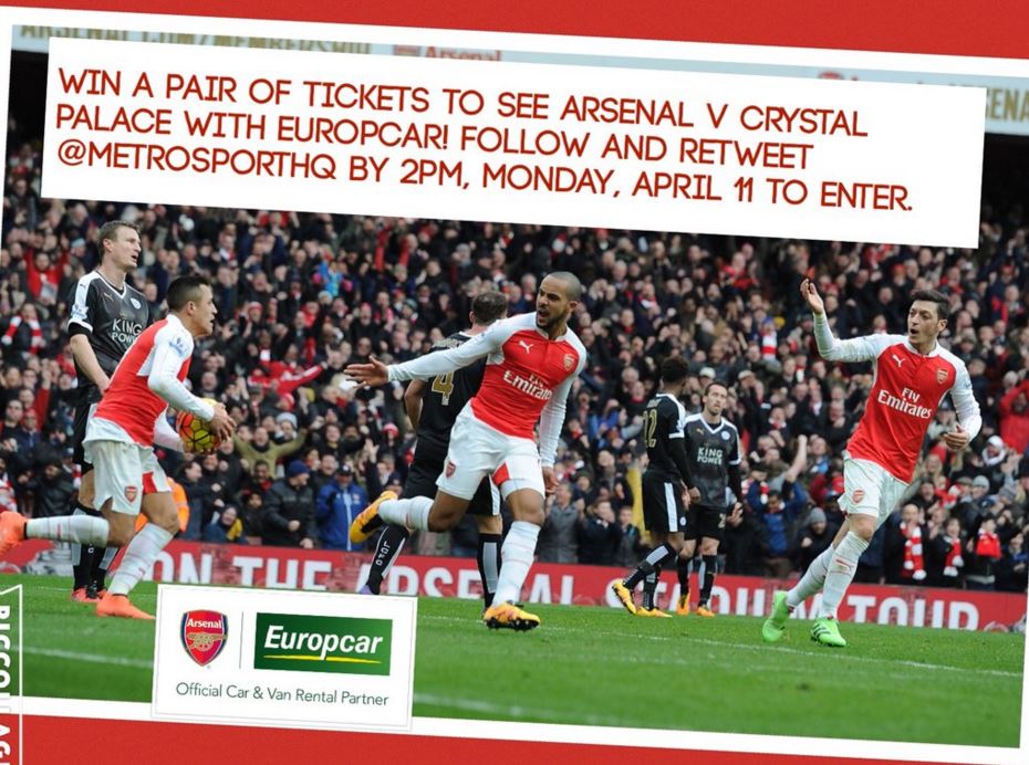 metrosportHQ's tweet photo. Win a pair of tickets to see Arsenal v Crystal Palace with @EuropcarSport! #AFC https://t.co/WUN3sRyGBc