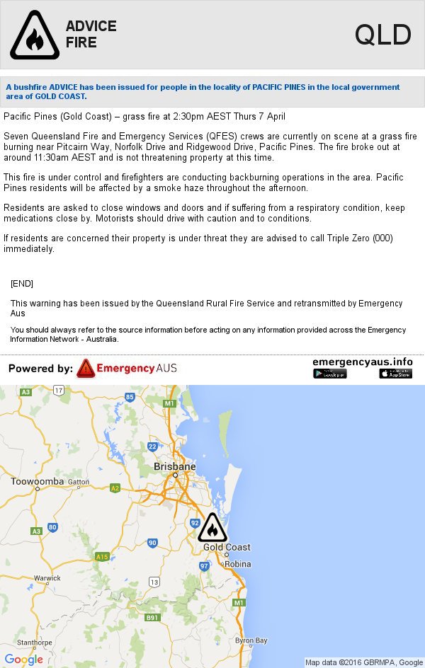 WarningsQLD's tweet photo. QLD [ADVICE] FIRE WARNING - Pacific Pines 07/04 3:06pm AEST #QRFS https://t.co/rwPKxH1tXF https://t.co/uwoul89gko