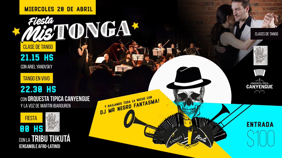 FiestaMistonga's tweet image. Miércoles 20 en @FiestaMistonga clase de tango + Orquesta Típica Canyengue+ Tribu Tukutá+ DJ Mr Negro Fantasma!