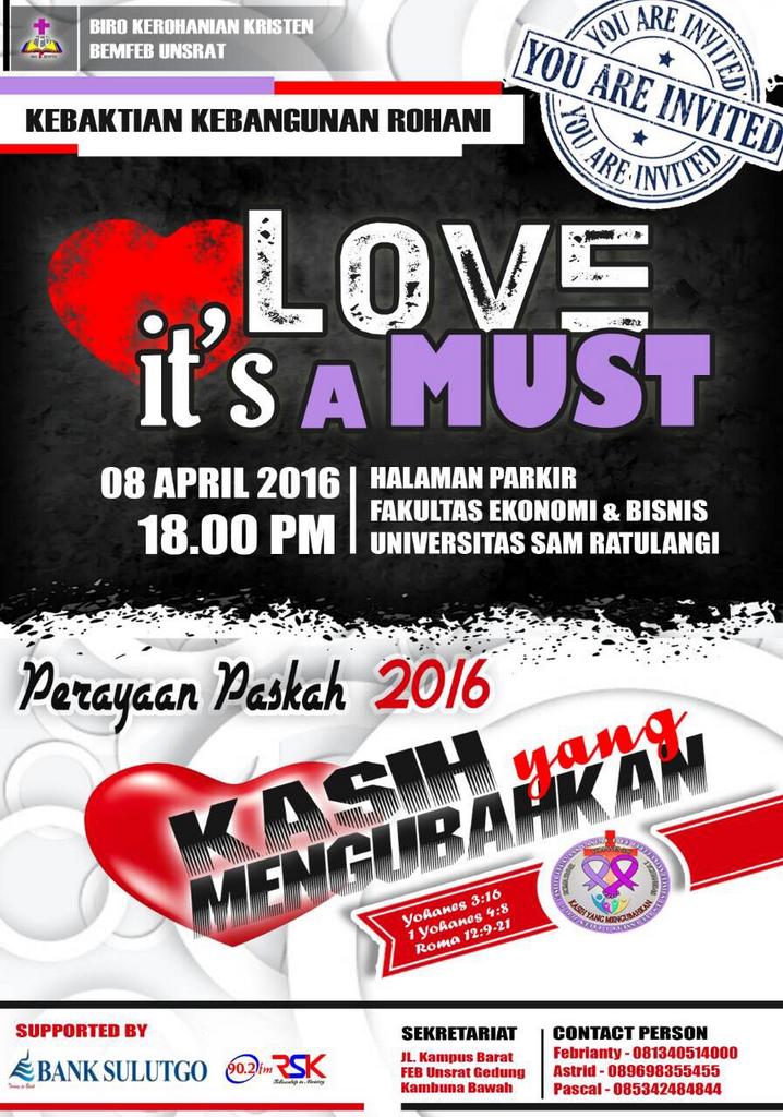 Shalom.. jangan lupa Besok ada KKR dengan tema Love its a must, di lapangan parkir FEB UNSRAT.. comeandjoinwithus 😉