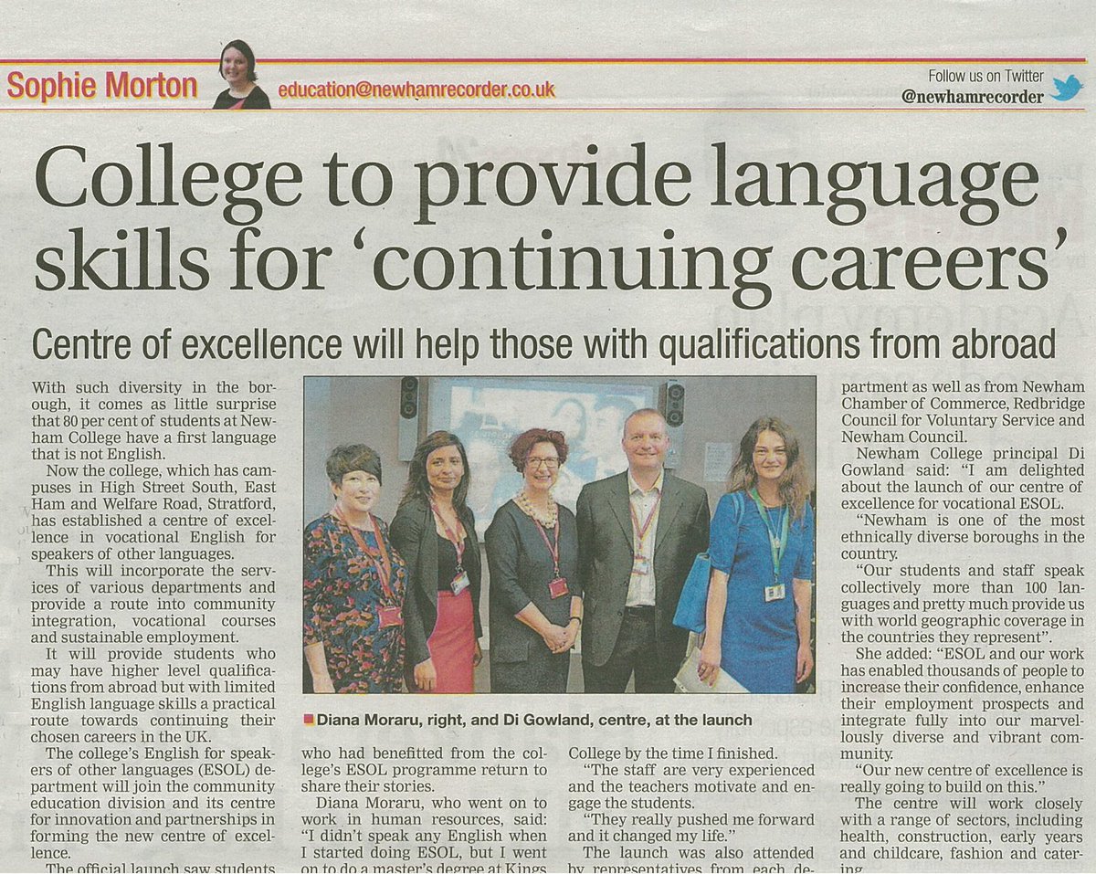newhamcollege's tweet image. News of our ESOL Centre of Vocational Excellence has reached the @NewhamRecorder newhamrecorder.co.uk/news/education…