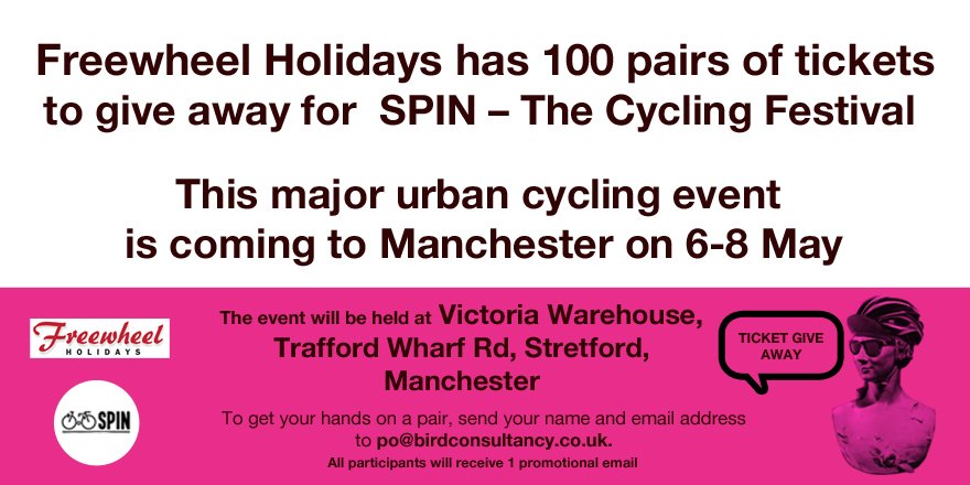 FreewheelHols's tweet photo. .@Spin2016 is coming to MCR in May and we have 100 pairs of tickets to giveaway! #Cycling #MCR https://t.co/BUN82ftryg