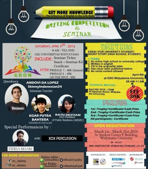 English Club Utama present GROW 9 April 2016 at GSG Universitas Widyatama more info: <a href="/EC_UTama/">ENGLISH CLUB UTAMA</a> #RKMedia