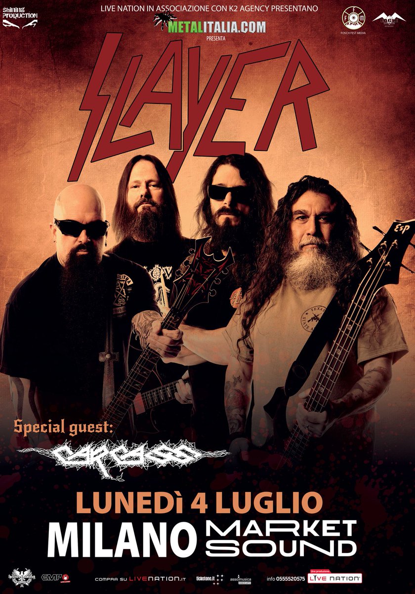 FoschFest's tweet photo. Sul palco del @marketsound ci saranno @Slayer  e @CarcassBand https://t.co/MkQU0w96w6