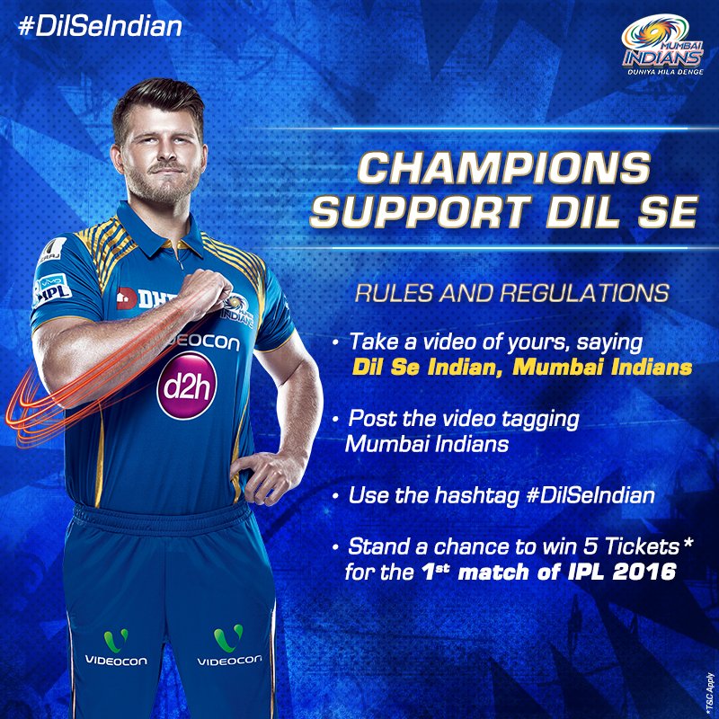 mipaltan's tweet photo. Rally the team forward! Do the #DilSeIndian move like your champs.
Pride yourself on being Dil Se Indian! #Contest https://t.co/hYh8ROUtJU