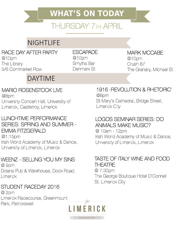 limerickonline's tweet photo. Thursday 7th April Event Guide #TheLimerickMagazine #TLM https://t.co/0KkS5yKkHj