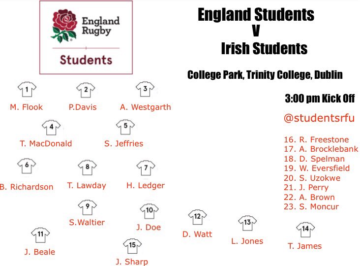 EngRugbyUnis's tweet photo. The England Students starting side V @IRFURugby Students on Saturday 9th April #studentrugby https://t.co/5LbzTbFdQd