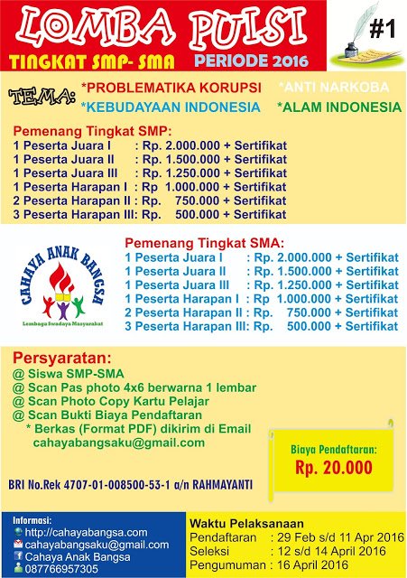 #cahayaanakbangsa -Lomba Puisi Tingkat SMP-SMA Total Hadiah 20jt bit.ly/1StiJAu @JatengIKLAN <a href="/apaajaIKLAN/">apaajaIKLAN</a>