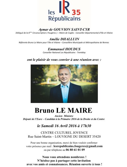 BLM_Mayenne's tweet photo. .@BrunoLeMaire sera près de Fougères, samedi 16 avril, à qlqs kilomètres de la #Mayenne.
(covoiturage depuis Laval) https://t.co/aSucTEa50Q