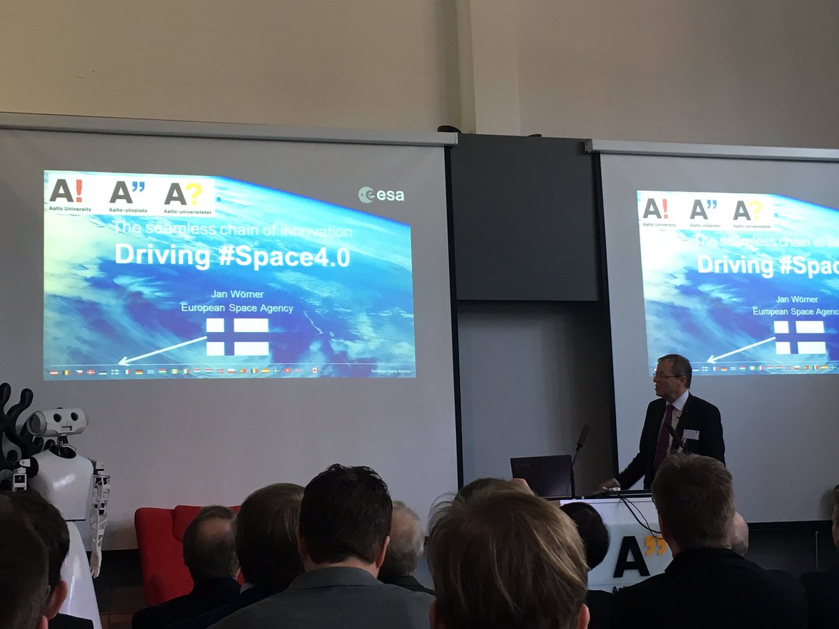 erikapal's tweet photo. #AaltoSpace Today #spaceonstage event at @AaltoUniversity, now listening to Jan Wörner, director general of #ESA https://t.co/DLNZ5CkfJ4