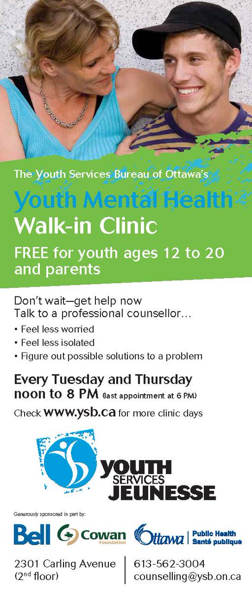 ysb_bsj's tweet photo. Open at 12! Youth Mental Health Walk-in Clinic offers single counselling sessions https://t.co/ZFhcSUPUnP #Ottcity https://t.co/wPThNPiCwd