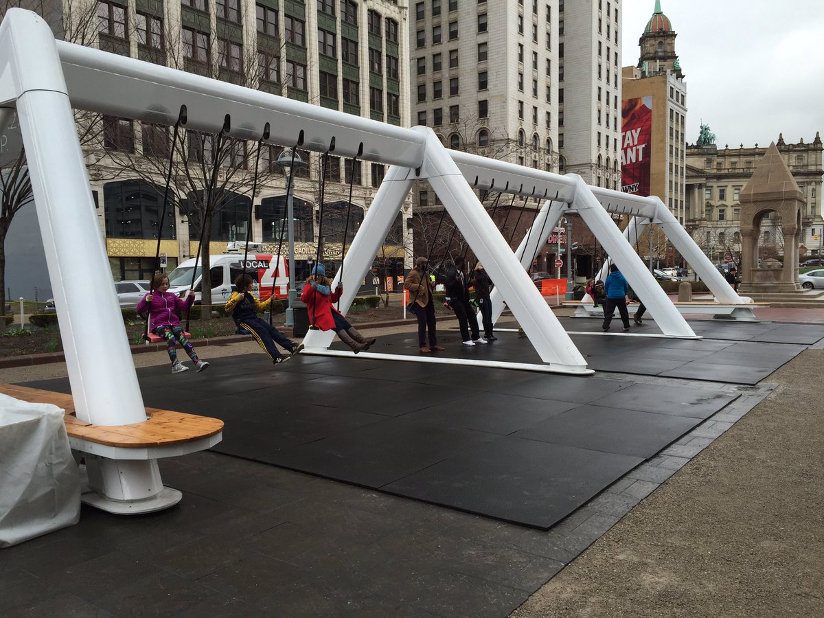 OpportunityDET's tweet photo. Check this out: the #MusicalSwings have opened in Cadillac Square! Open now through May 8th, 11am to 10pm. https://t.co/IgmcjtR7IG
