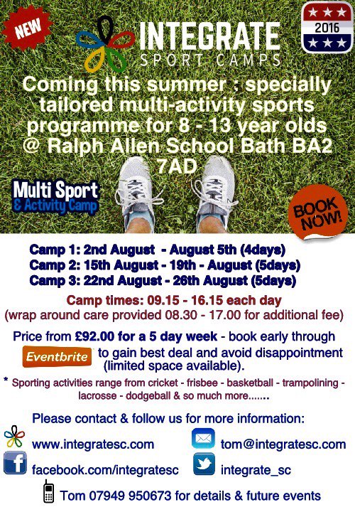 integrate_sc's tweet photo. New sporting activity camps for 8 - 13 year olds coming this summer @ Ralph Allen School Bath https://t.co/K8Tka0y6bH