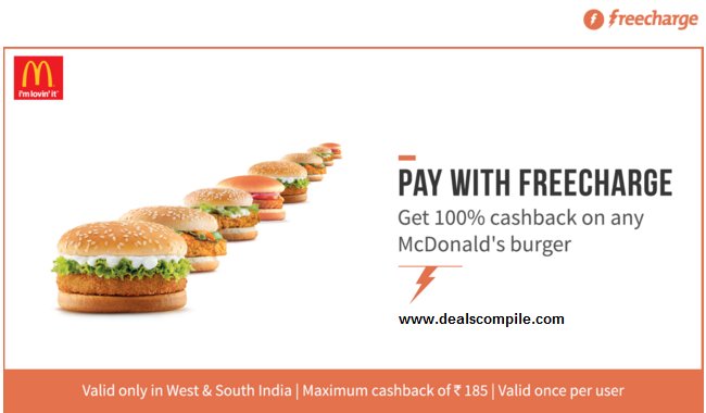 DealsCompile's tweet photo. Pay with #FreeCharge and avail 100% CashBack at #McDonalds . 
All Details @ https://t.co/wI7Jeqp5jJ https://t.co/mE333SJUts
