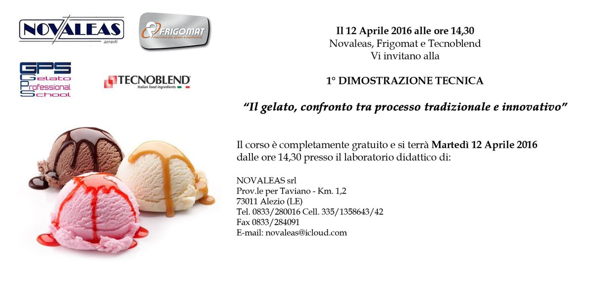 FrigomatSrl's tweet photo. 12 Aprile - Alezio (LE) - Frigomat e il concessionario Novaleas organizzano una dimostrazione tecnica di gelateria. https://t.co/j1q7YWt68Z