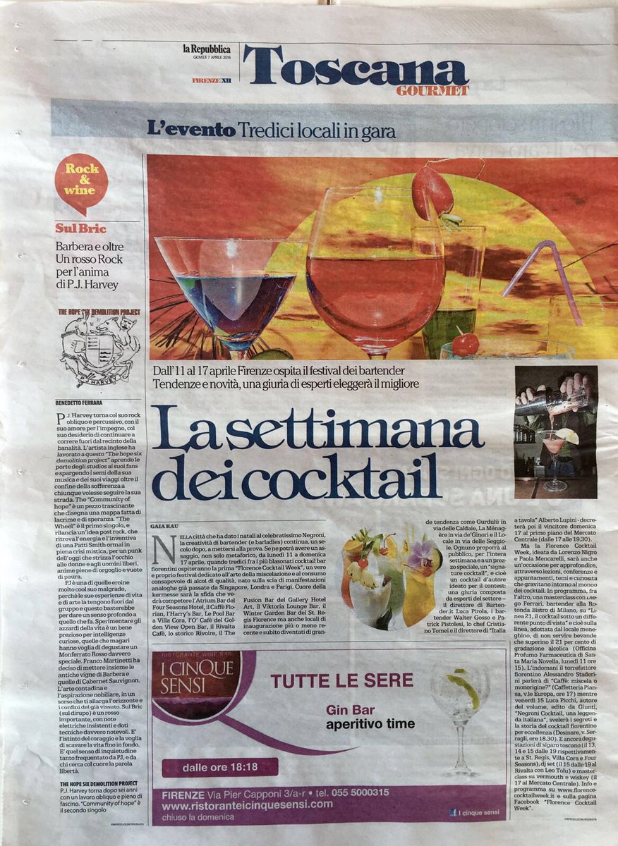 FCocktailWeek's tweet photo. @repubblicait oggi parla di #florencecocktailweek #FCW16 https://t.co/6S0Qm5M8hn