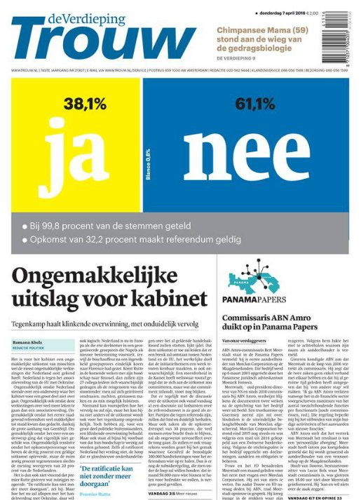 gpaccardo's tweet photo. Headline of @trouw on the #EU-#Ukraine referendum in the Netherlands outcome couldn't be more clear. #ReferendumNL https://t.co/yV2zToxg5r