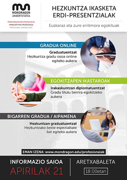 graduondoak's tweet photo. Hezkuntza ikasketa modalitate erdi-presentzialean. Informazio saioak, apirilaren 21ean, Aretxabaletako campusean
#mu https://t.co/AV9azEkMZm