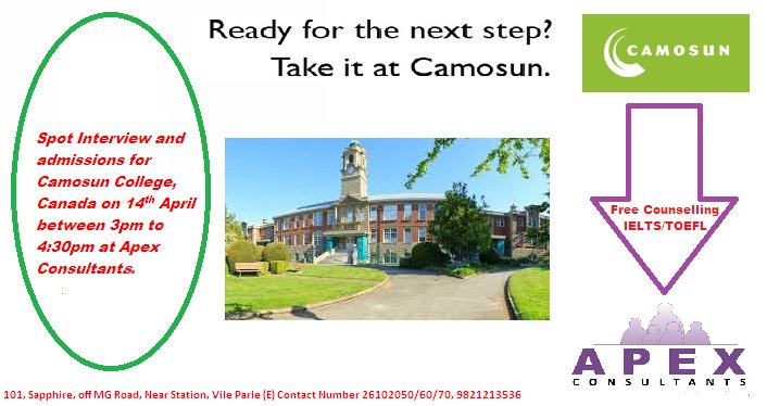 Consult_Apex's tweet photo. Spot interview &amp; admission for #camosuncollege, on 14th April between 3 to 4:30 @ Apex https://t.co/F8OixmIvuV https://t.co/gsIn8qu4M3