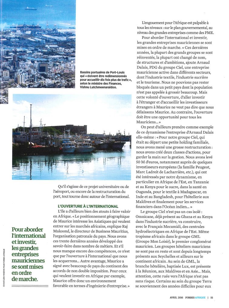 CIEL_Ltd's tweet photo. @CIEL_Ltd une volonté d'ouverture et d'accueillir les #investisseurs étrangers à #Maurice dans @Forbes_Afrique https://t.co/GPTIqqMDHx