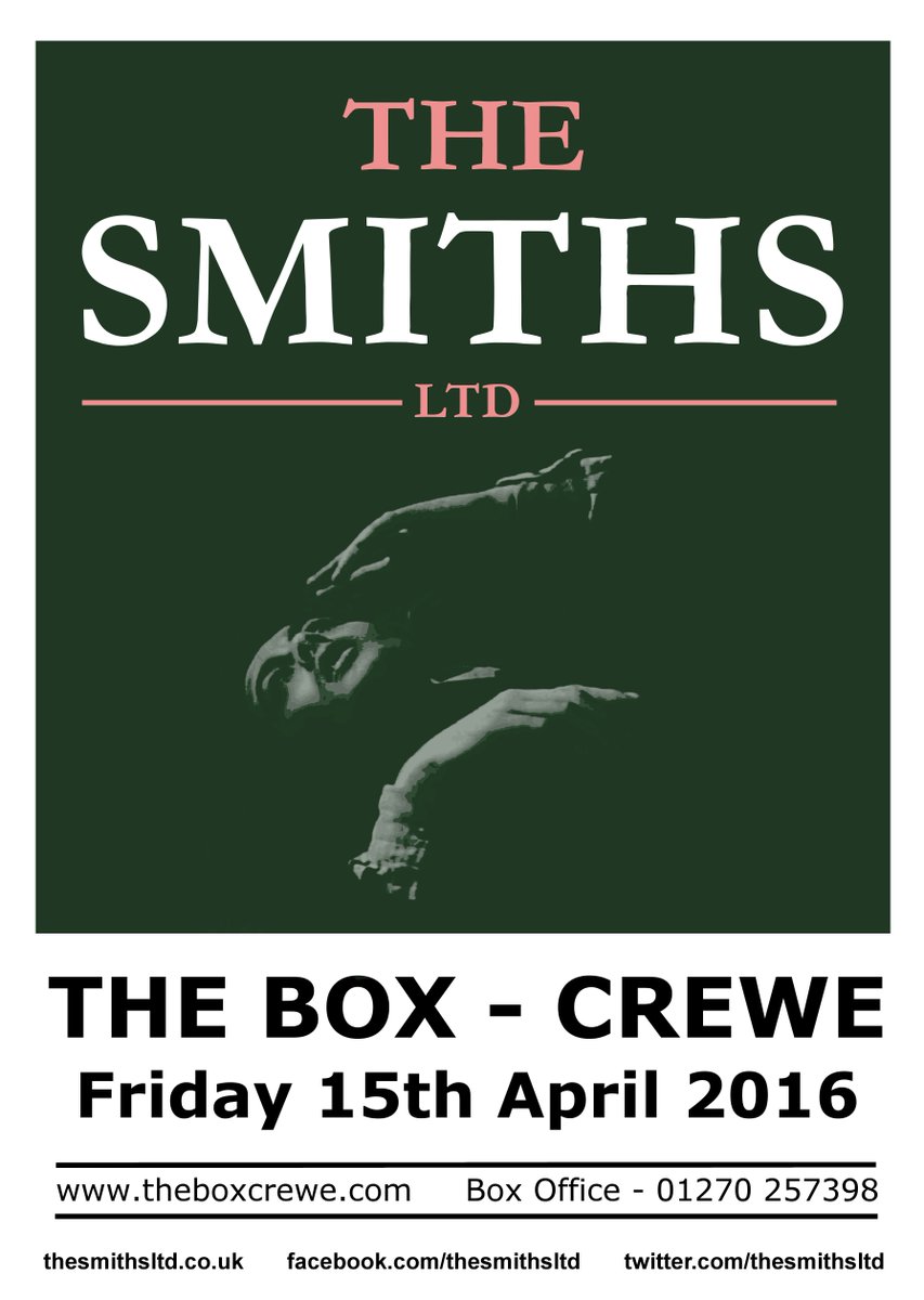 thesmithsltd's tweet photo. Next Friday's gig - The Box in Crewe @box_crewe 
https://t.co/IzVp9XAKzO https://t.co/0YpZ4IaGU6