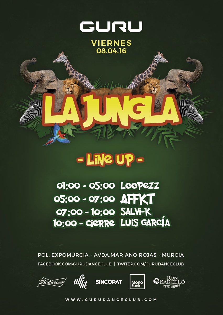 Viernes 8 de Abril #gotothejungle en <a href="/gurudanceclub/">Guru Dance Club</a> con <a href="/Loopezz_MP/">Loopezz</a> <a href="/AFFKT/">AFFKT</a> @salvikdj y <a href="/LuisGarcia_Dj/">Luis García</a>