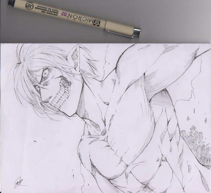 古いファンアート
巨人に変身したエレンの落ち描き 