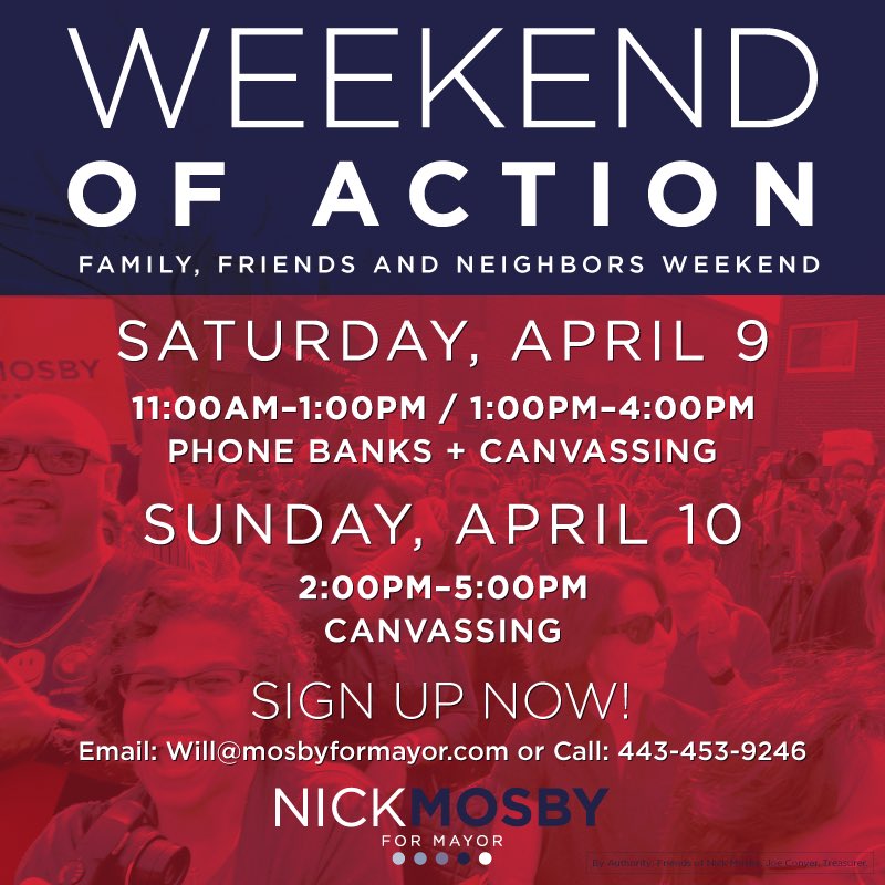 Nick_Mosby's tweet photo. Weekend of Action!! Starts this Sat at 11am! Let @will_kampfman know you'll be there! #MosbyForMayor https://t.co/YvhYLLBx0U
