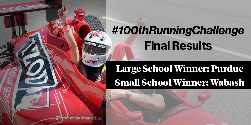 500Festival's tweet photo. The results are in! Congrats to our #100thRunningChallenge winning campuses, Purdue and Wabash! #Indy500 https://t.co/YdNBE7ATE3