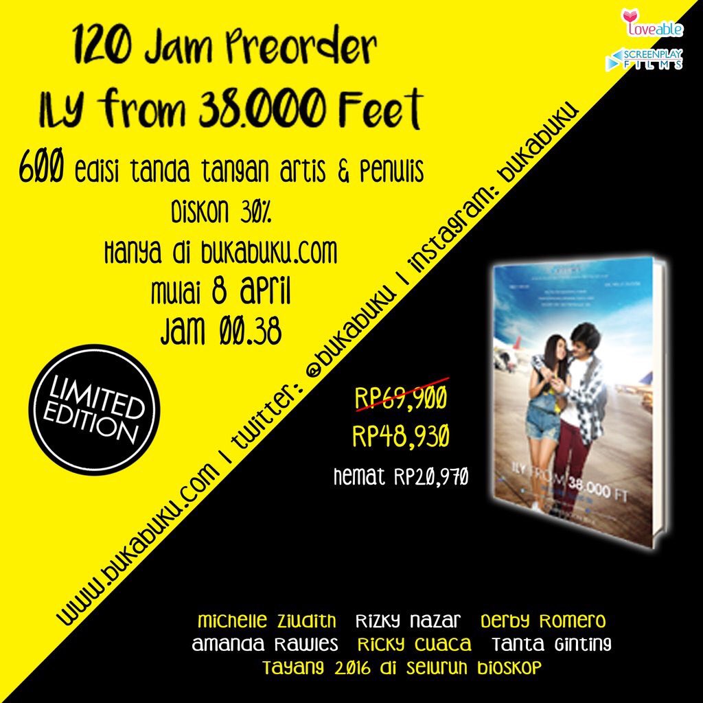 michellerss_'s tweet photo. Yg berminat ikut PO novel #ILYFrom38000ft edisi ttd cast+penulis+disc 30% dimulai nanti malam di @bukabuku ya 😉 https://t.co/DYNlGNThV8