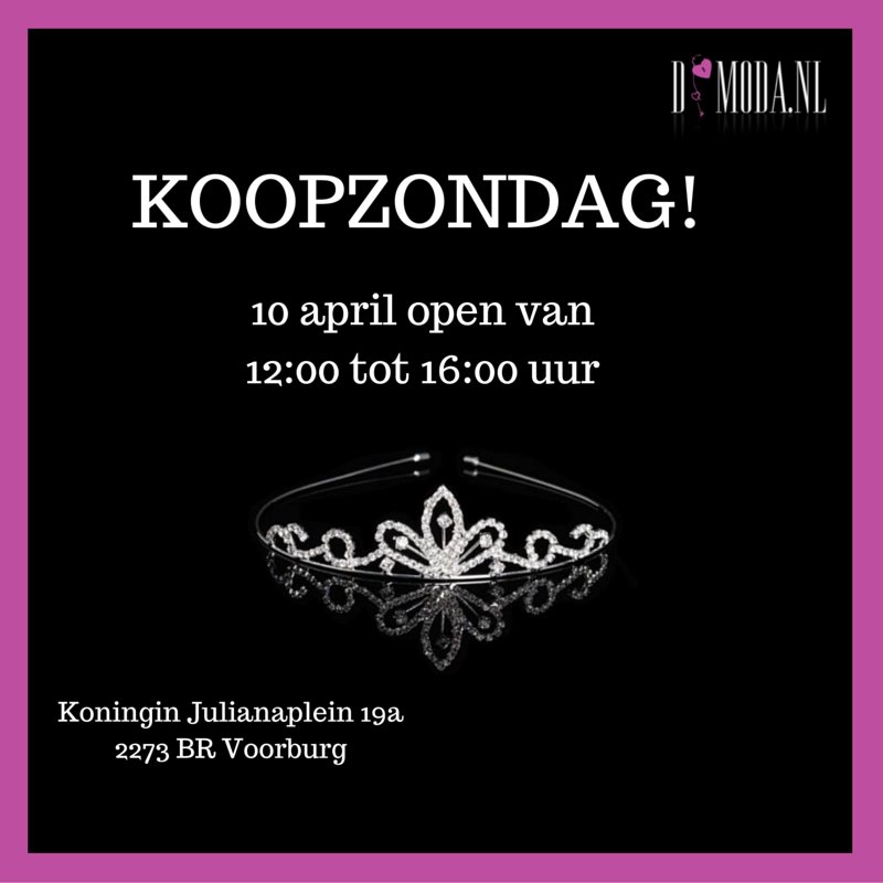 DModa_nl's tweet image. 10 april is het weer #koopzondag bij @DModa_nl. Wij staan van 12:00 tot 16:00 uur voor u klaar! #shoppen #bruidsmode