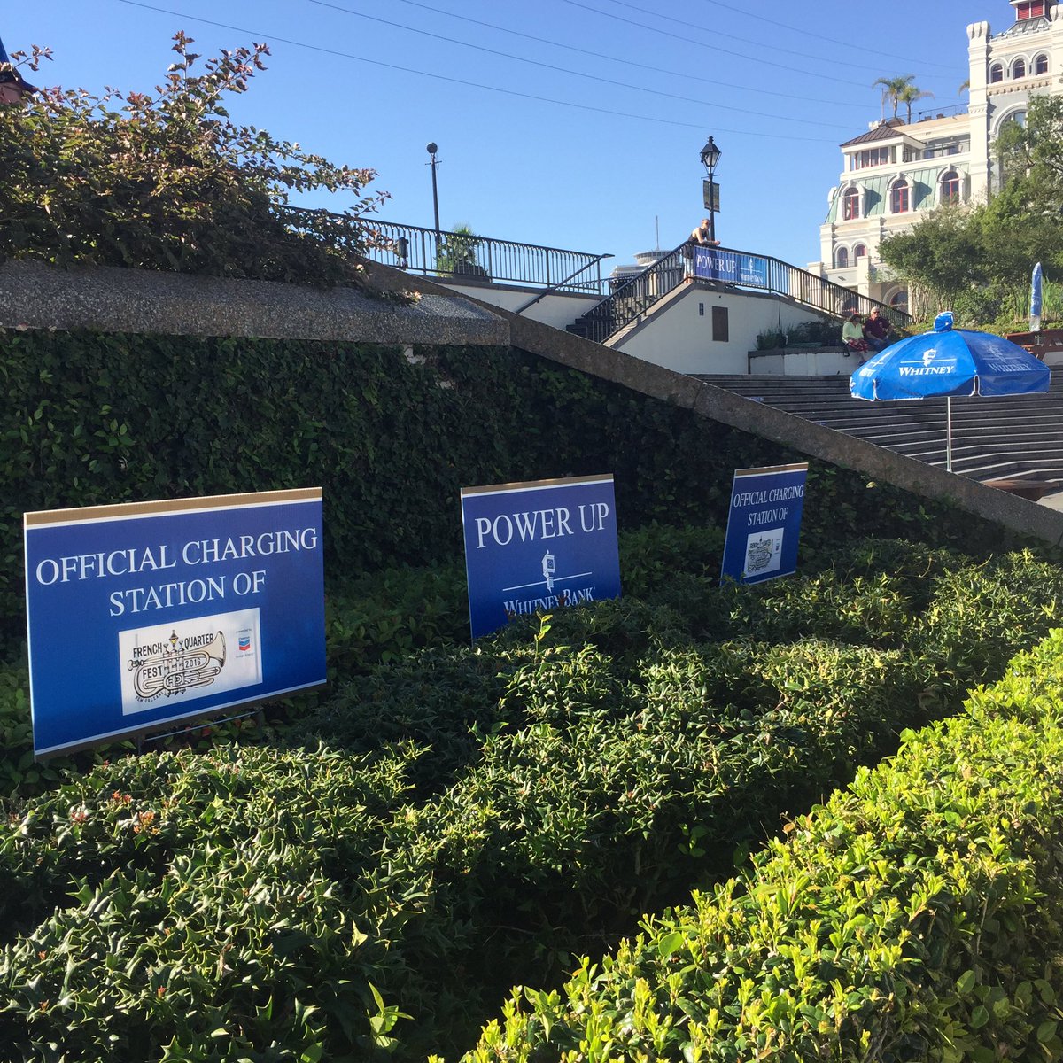 FQFestNOLA's tweet photo. #FQFest16 charging stations across from #JacksonSquare. Thanks #WhitneyBank! https://t.co/luU0IVPDdo