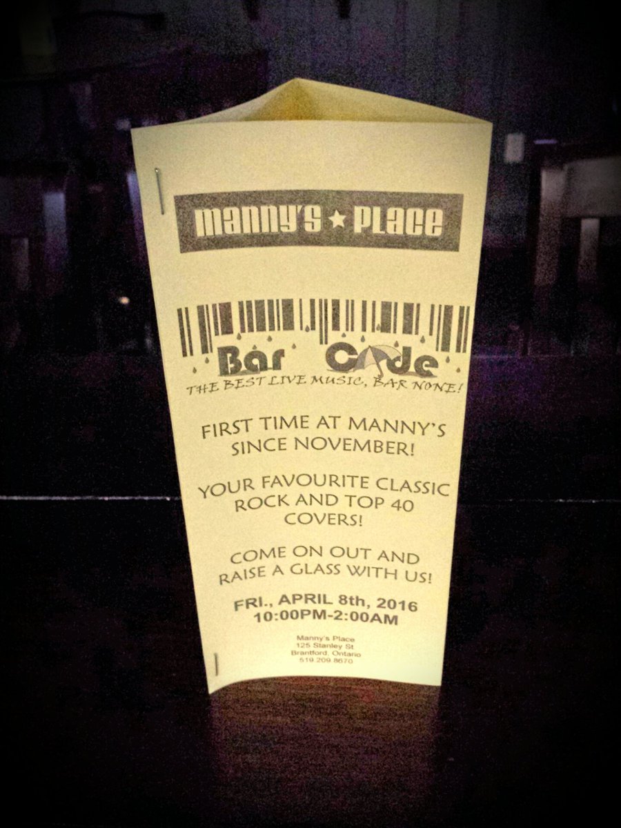 barcodetheband's tweet photo. Join us tomorrow at @Mannys_Place in #Brantford, starting at 10pm. Please RT. #supportlocalevents https://t.co/HPge4yQeOx