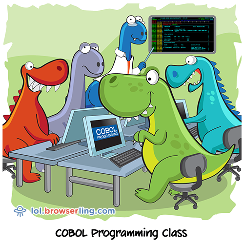 browserling's tweet photo. COBOL Programming Class https://t.co/nQTCeRvD60 #devhumor https://t.co/mWUxBYXVGT
