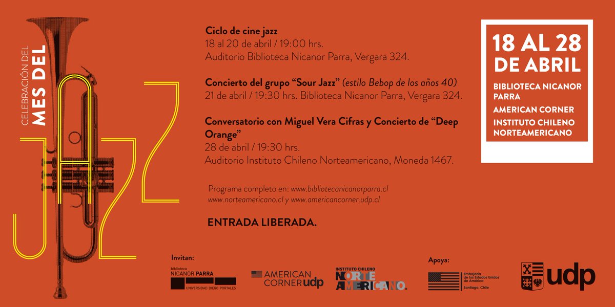 BiblioNParra's tweet photo. ABRIL MES DEL JAZZZZZ en @BiblioNParra @udp_cl @ACornerUDP 
CICLOS DE CINE, CHARLA Y CONCIERTOS #gratis https://t.co/Wk298YhvwX