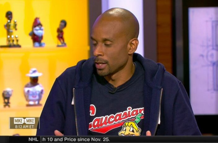 FakeSportsCentr's tweet photo. Bomani Jones rockin’ the “Caucasians” t-shirt on Mike &amp; Mike.... THOUGHTS??? https://t.co/j9juGlGZXd