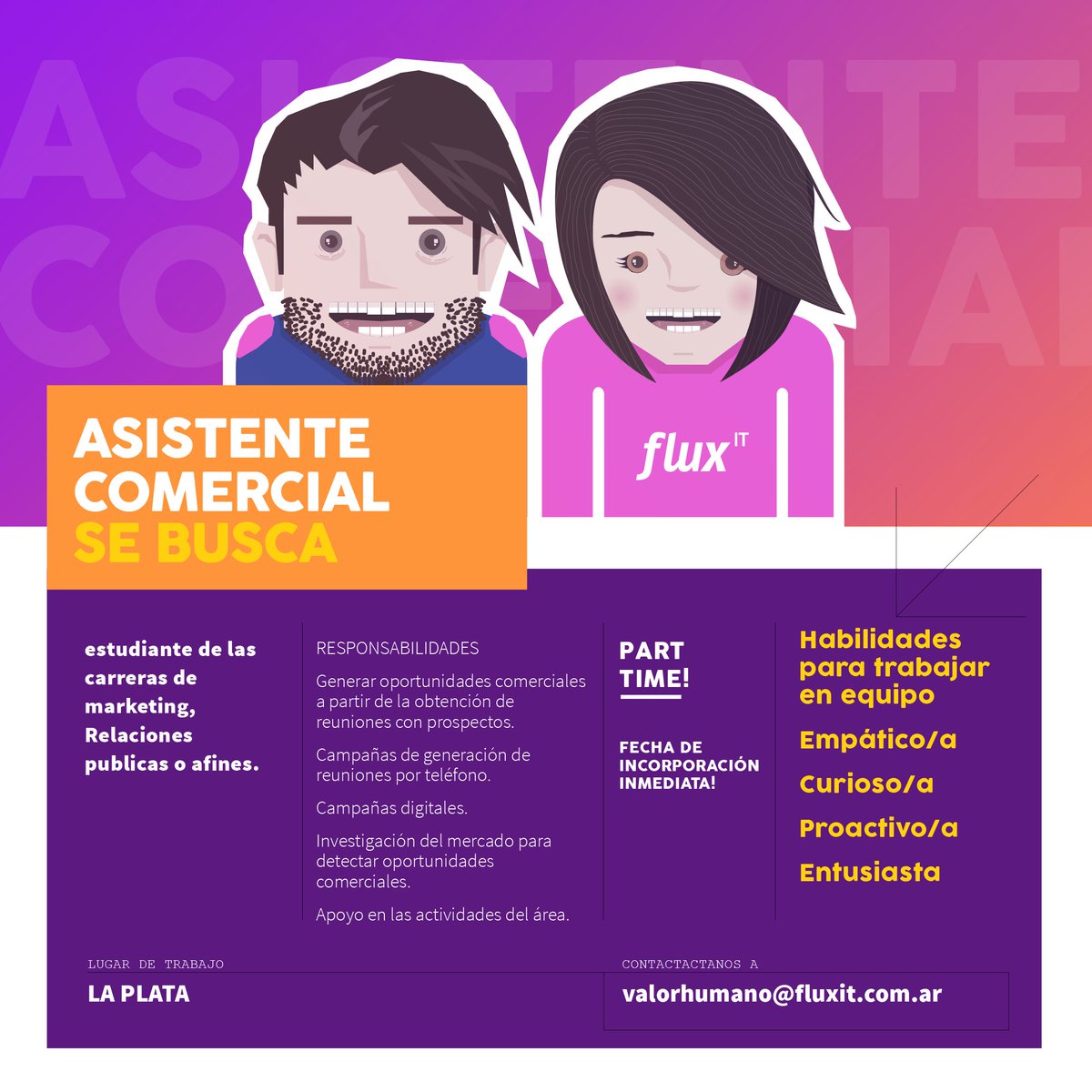 FluxITSoft's tweet photo. Se busca #AsistenteComercial. Si estas interesado/a mándanos tu CV #PasáLaVoz https://t.co/pSEpkP0rLA