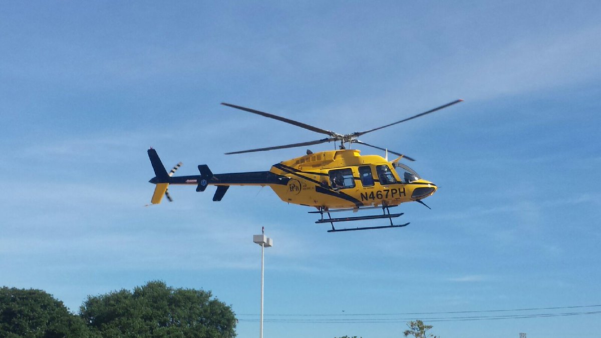 harrishealth's tweet photo. A PHI helicopter landed at LBJ Hospital today as part of @harrishealth Shattered Dreams @SpringISD high presentation https://t.co/aQXjG9khLr