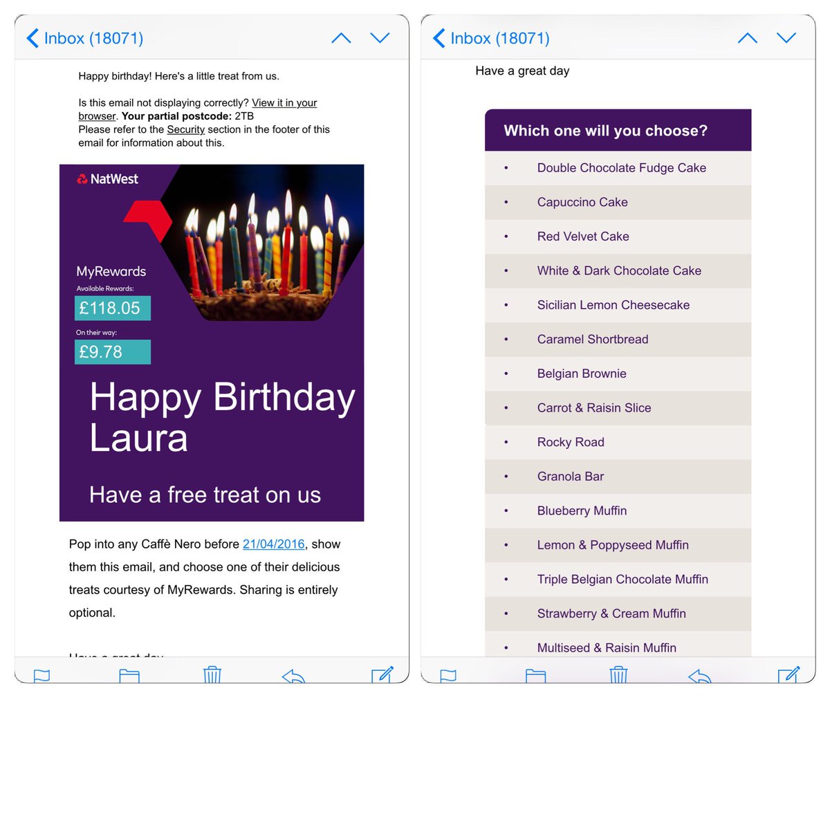 LauraHarrisLDN's tweet photo. Thank you @NatWest_Help #MyRewards I'll be ordering the Sicilian Cheesecake 👌😋💕 https://t.co/ltAHrvAGwP