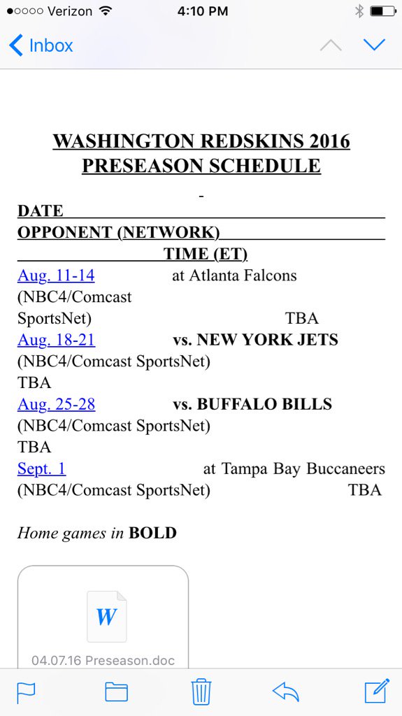 ParkerSports's tweet photo. #Redskins preseason schedule announced. (Must admit, I was kinda hoping they'd play the #Browns in preseason too.) https://t.co/EjEuijLyW7