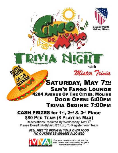 Join us on May 7th for Trivia Night!  All proceeds will benefit the Moline LULAC Council #5285!  #RegisterToday #QC