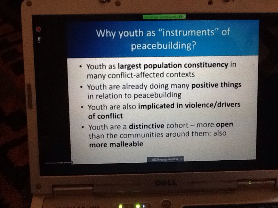 Fishytom's tweet photo. Why focus on youth in a conflict ? Because they are potential 'instruments' for peacebuilding #learningforpeace https://t.co/347hCBYXGj