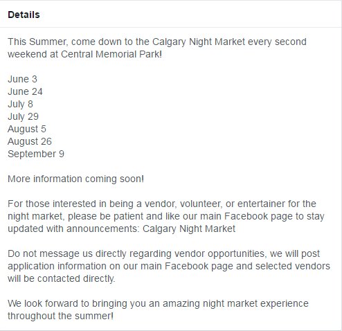 cmcalgary's tweet photo. https://t.co/txqVQxZDz4

Calgary night market starts June 3rd. They're still looking for sponsors/vendors #yyc https://t.co/nFCfJMUG2T