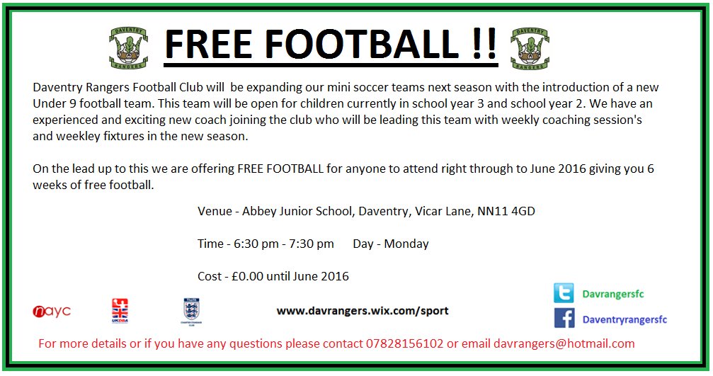 davrangersfc's tweet photo. Free Football for new players in Daventry @chhcalling @DaventryDC @DxGusher @Daventry_TC @daventrytweets #newteam https://t.co/zNzzJz2BFS