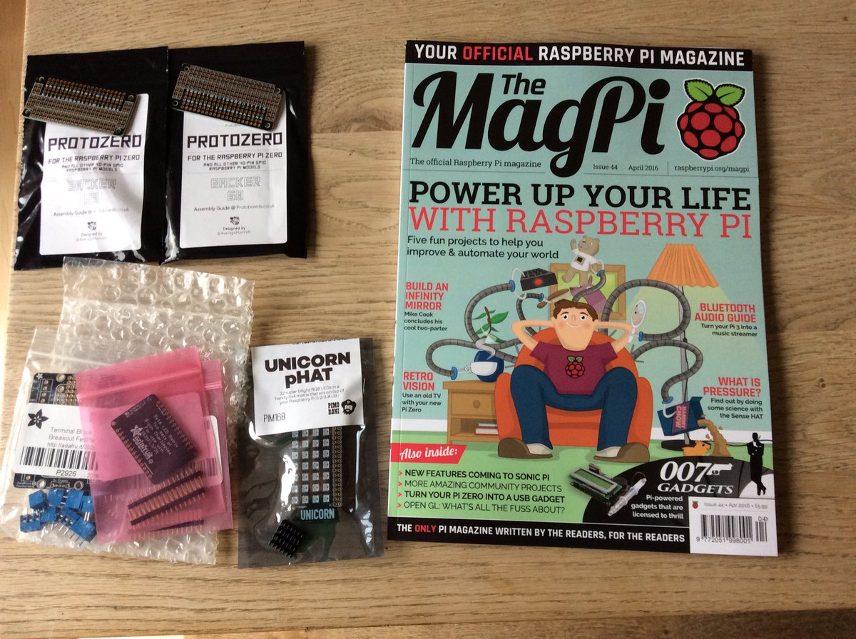 rdhayler's tweet image. Goodies waiting on post-hols doormat: latest @TheMagP1, #protozero from @AverageManvsPi plus @pimoroni Unicorn Phat